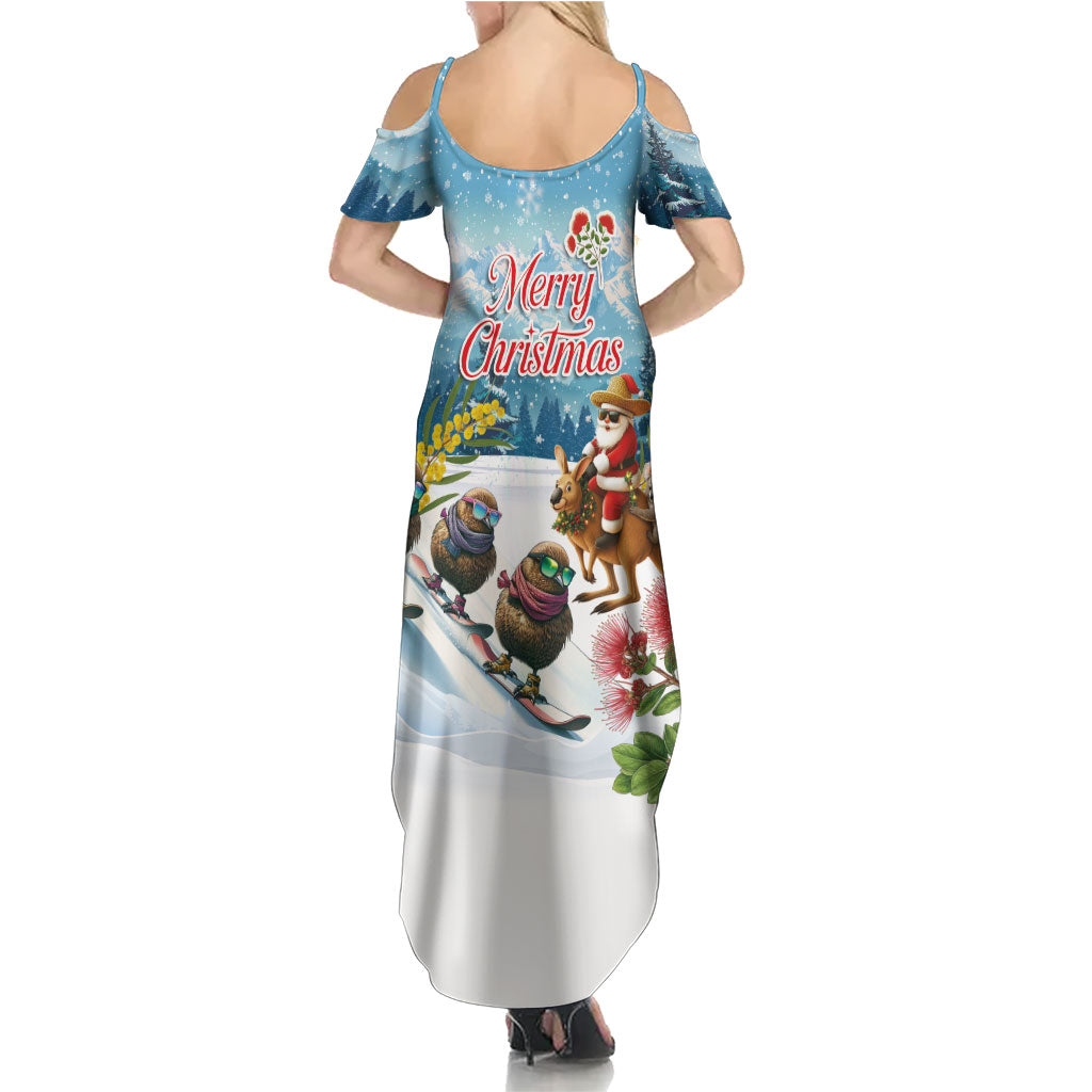 New Zealand and Australia Merry Christmas Family Matching Summer Maxi Dress and Hawaiian Shirt Kiwi Birds Skiing and Koala Santa Riding Kangaroo LT03 - Polynesian Pride