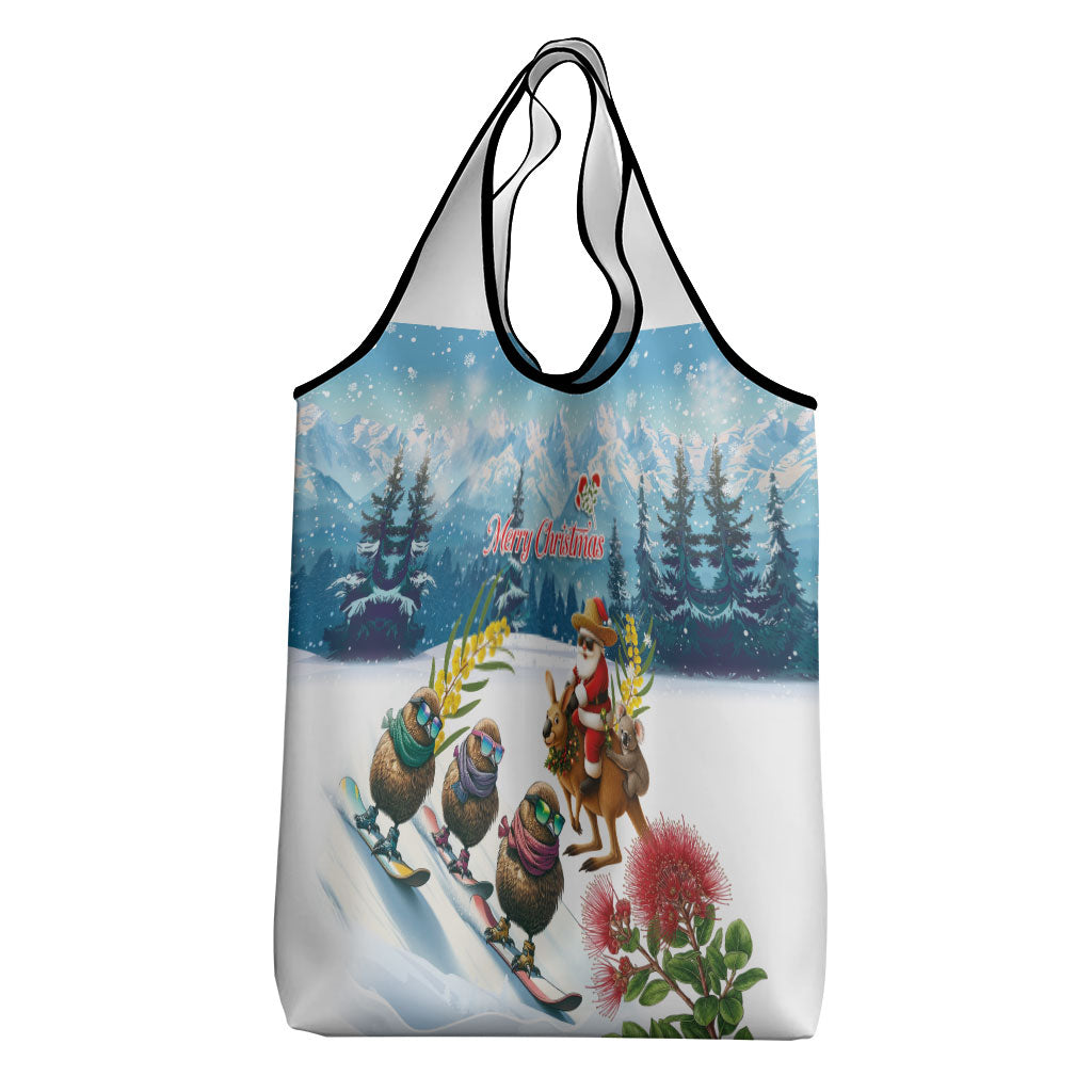 New Zealand and Australia Merry Christmas Grocery Bag Kiwi Birds Skiing and Koala Santa Riding Kangaroo LT03 - Polynesian Pride