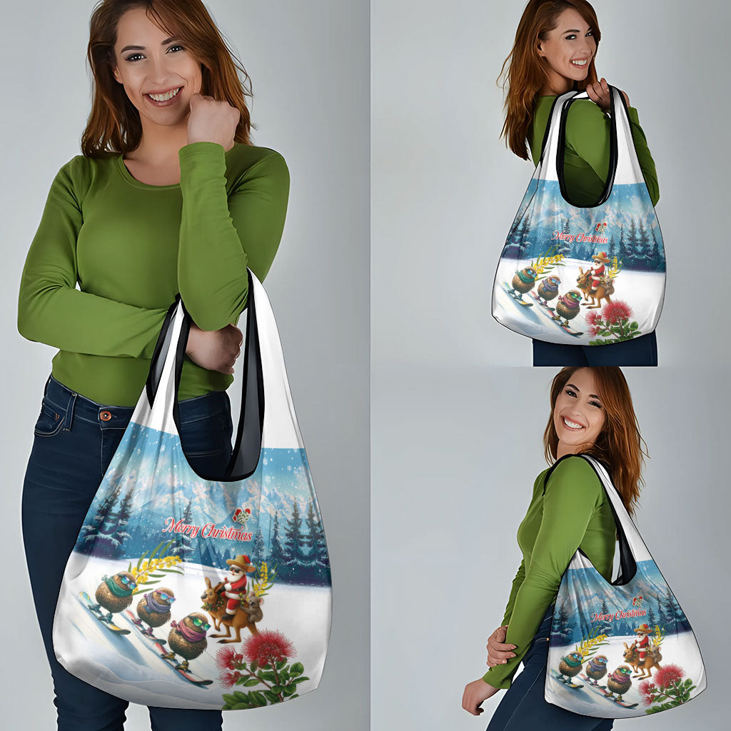 New Zealand and Australia Merry Christmas Grocery Bag Kiwi Birds Skiing and Koala Santa Riding Kangaroo LT03 - Polynesian Pride