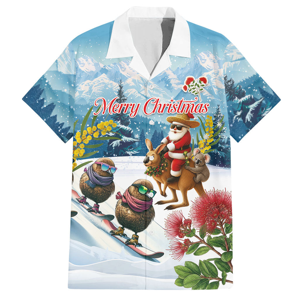 New Zealand and Australia Merry Christmas Hawaiian Shirt Kiwi Birds Skiing and Koala Santa Riding Kangaroo LT03 Multicolor - Polynesian Pride