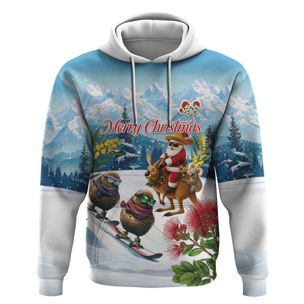 New Zealand and Australia Merry Christmas Hoodie Kiwi Birds Skiing and Koala Santa Riding Kangaroo LT03 Pullover Hoodie Multicolor - Polynesian Pride