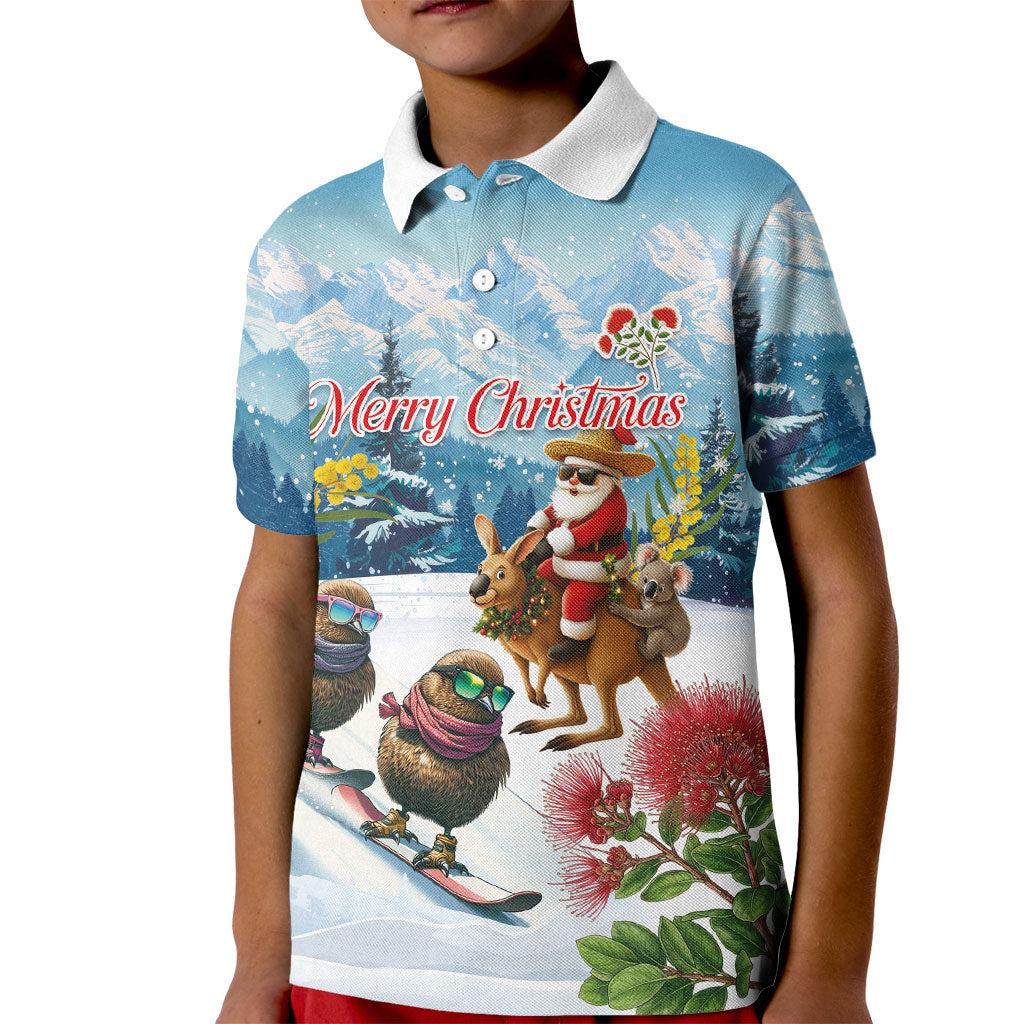 New Zealand and Australia Merry Christmas Kid Polo Shirt Kiwi Birds Skiing and Koala Santa Riding Kangaroo LT03 Kid Multicolor - Polynesian Pride