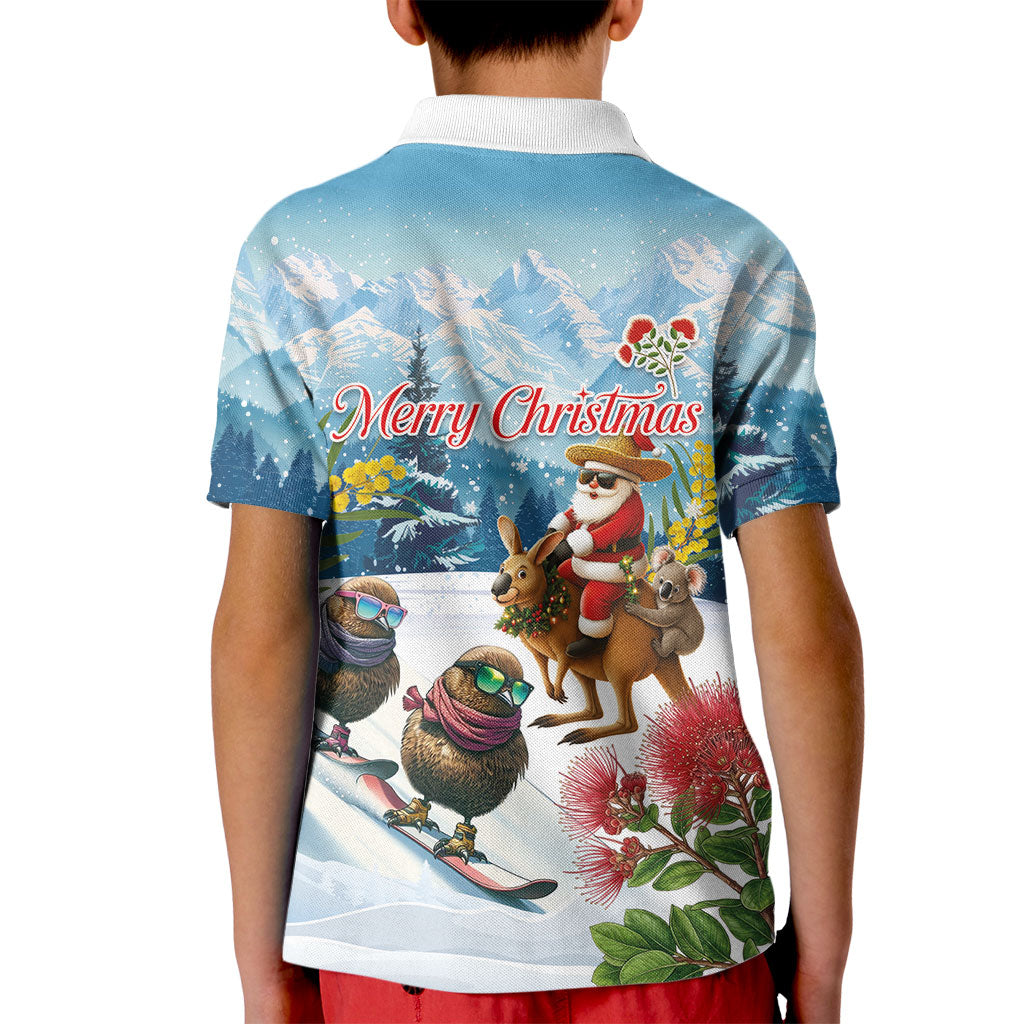 New Zealand and Australia Merry Christmas Kid Polo Shirt Kiwi Birds Skiing and Koala Santa Riding Kangaroo LT03 - Polynesian Pride