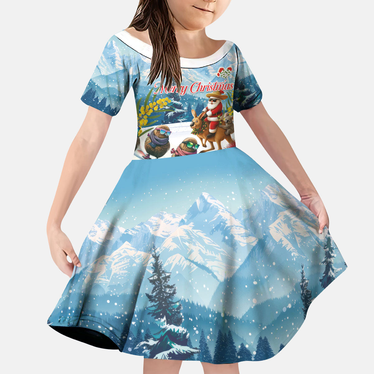 New Zealand and Australia Merry Christmas Kid Short Sleeve Dress Kiwi Birds Skiing and Koala Santa Riding Kangaroo LT03 KID Multicolor - Polynesian Pride