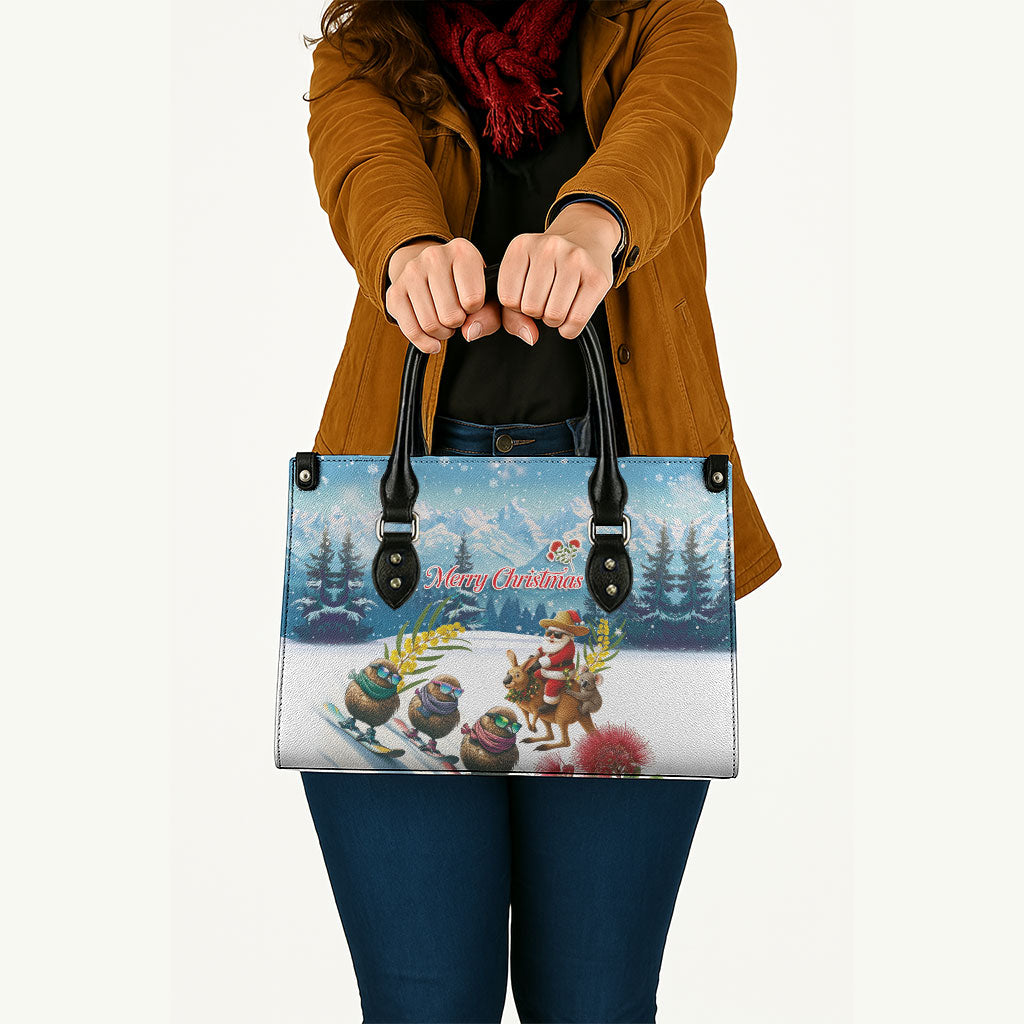 New Zealand and Australia Merry Christmas Leather Bag Kiwi Birds Skiing and Koala Santa Riding Kangaroo LT03 - Polynesian Pride