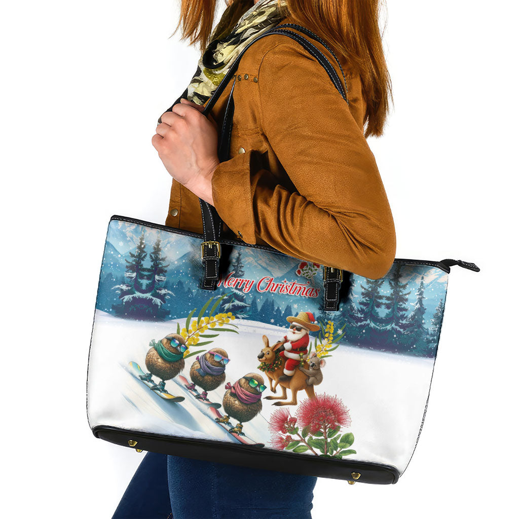 New Zealand and Australia Merry Christmas Leather Tote Bag Kiwi Birds Skiing and Koala Santa Riding Kangaroo LT03 Multicolor - Polynesian Pride