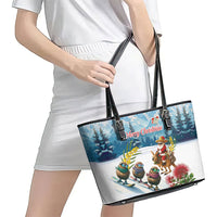 New Zealand and Australia Merry Christmas Leather Tote Bag Kiwi Birds Skiing and Koala Santa Riding Kangaroo LT03 - Polynesian Pride