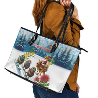 New Zealand and Australia Merry Christmas Leather Tote Bag Kiwi Birds Skiing and Koala Santa Riding Kangaroo LT03 - Polynesian Pride