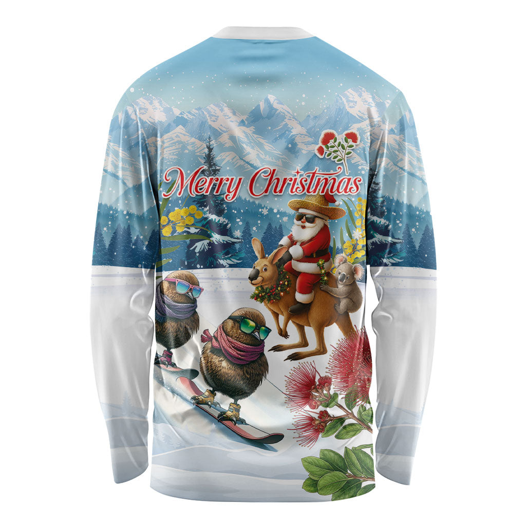 New Zealand and Australia Merry Christmas Long Sleeve Shirt Kiwi Birds Skiing and Koala Santa Riding Kangaroo LT03 - Polynesian Pride