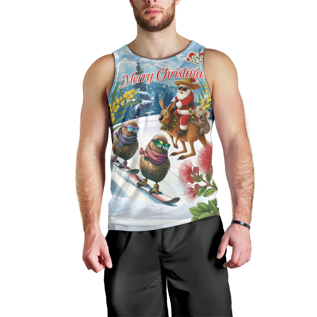 New Zealand and Australia Merry Christmas Men Tank Top Kiwi Birds Skiing and Koala Santa Riding Kangaroo LT03 - Polynesian Pride
