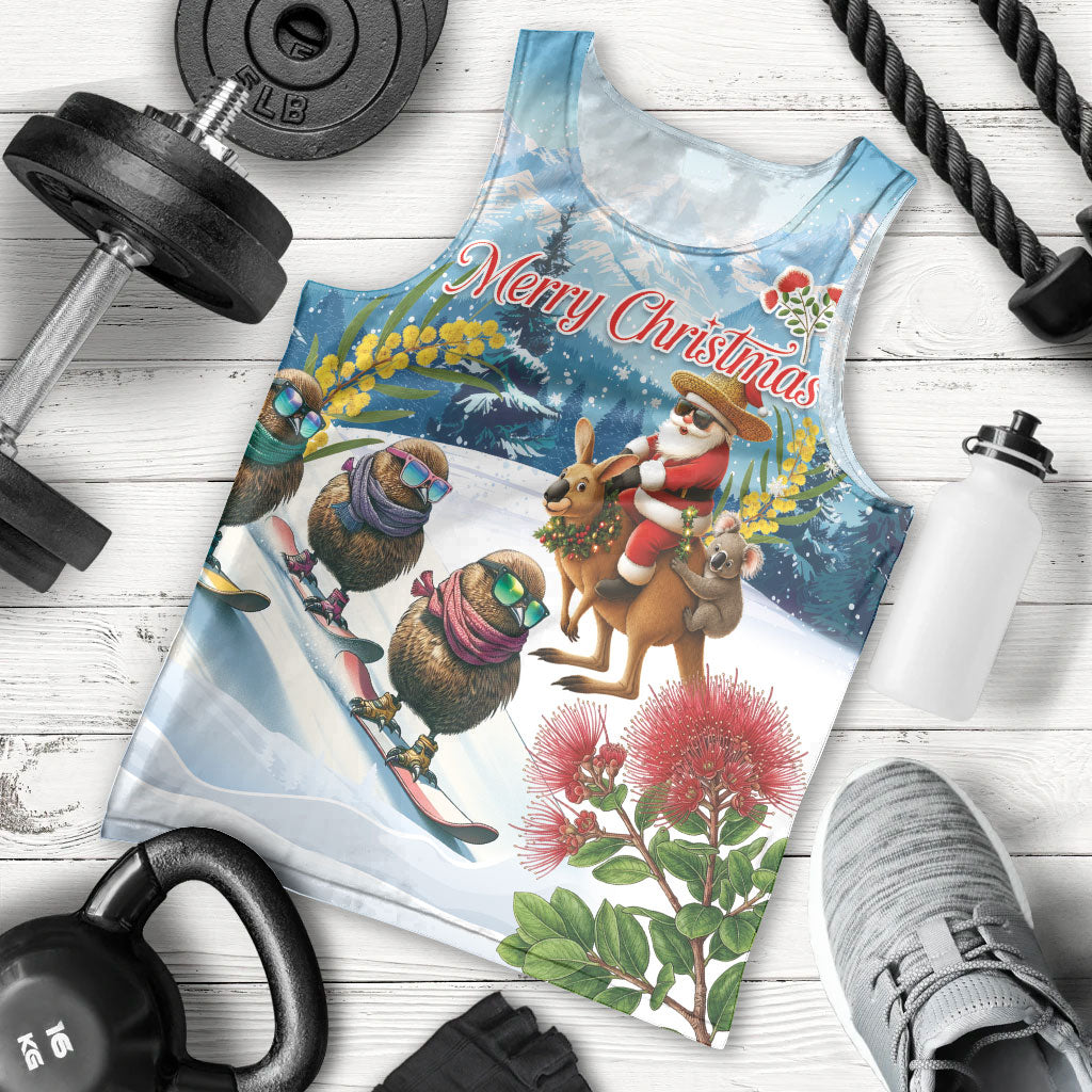 New Zealand and Australia Merry Christmas Men Tank Top Kiwi Birds Skiing and Koala Santa Riding Kangaroo LT03 - Polynesian Pride