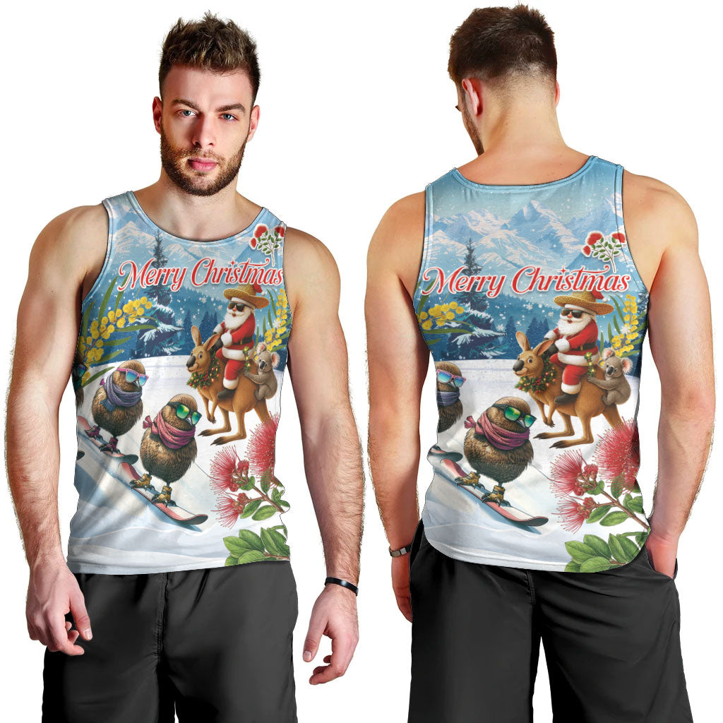 New Zealand and Australia Merry Christmas Men Tank Top Kiwi Birds Skiing and Koala Santa Riding Kangaroo LT03 - Polynesian Pride