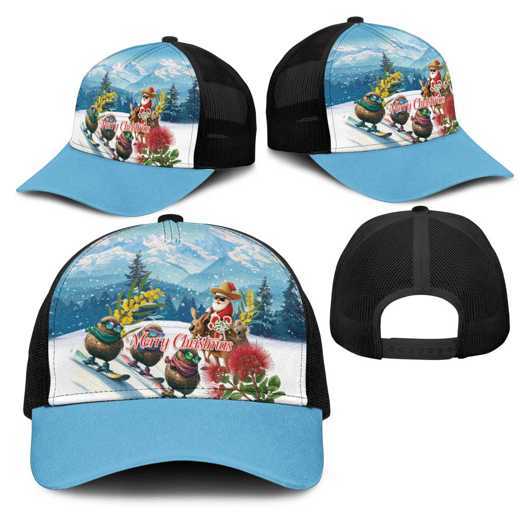 New Zealand and Australia Merry Christmas Mesh Trucker Cap Kiwi Birds Skiing and Santa Riding Kangaroo with Koala LT03 - Polynesian Pride