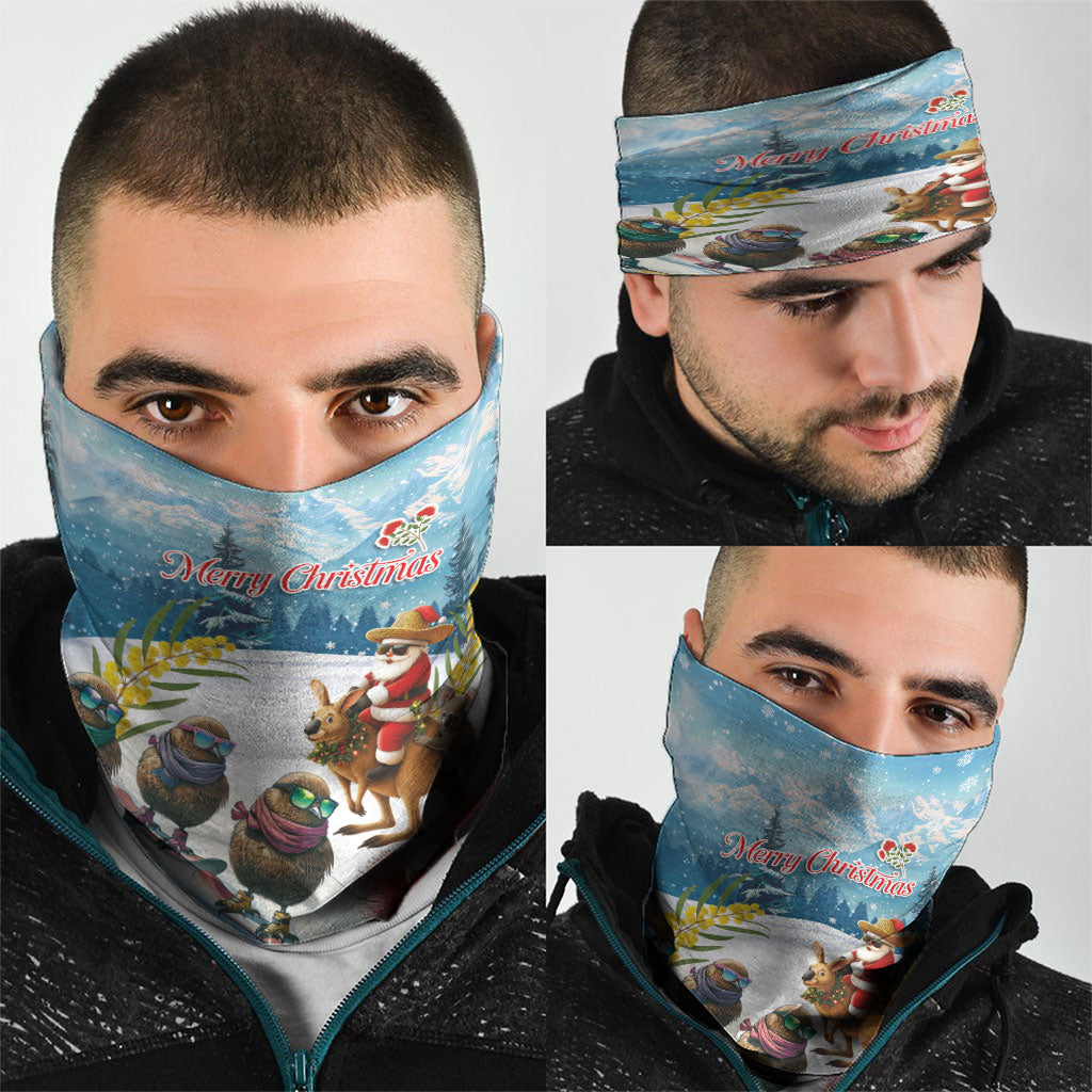 New Zealand and Australia Merry Christmas Neck Gaiter Kiwi Birds Skiing and Koala Santa Riding Kangaroo LT03 - Polynesian Pride