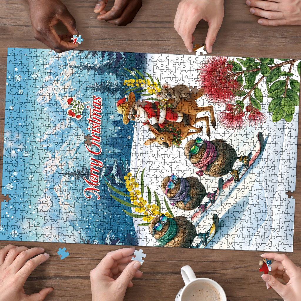 New Zealand and Australia Merry Christmas Puzzle Kiwi Birds Skiing and Koala Santa Riding Kangaroo LT03 - Polynesian Pride