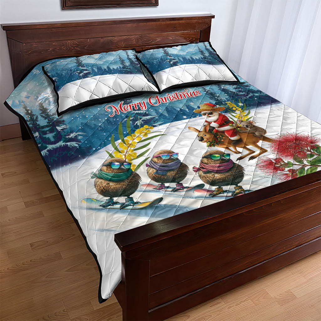 New Zealand and Australia Merry Christmas Quilt Bed Set Kiwi Birds Skiing and Koala Santa Riding Kangaroo LT03 - Polynesian Pride