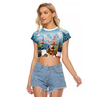 New Zealand and Australia Merry Christmas Raglan Cropped T Shirt Kiwi Birds Skiing and Koala Santa Riding Kangaroo LT03 Female Multicolor - Polynesian Pride