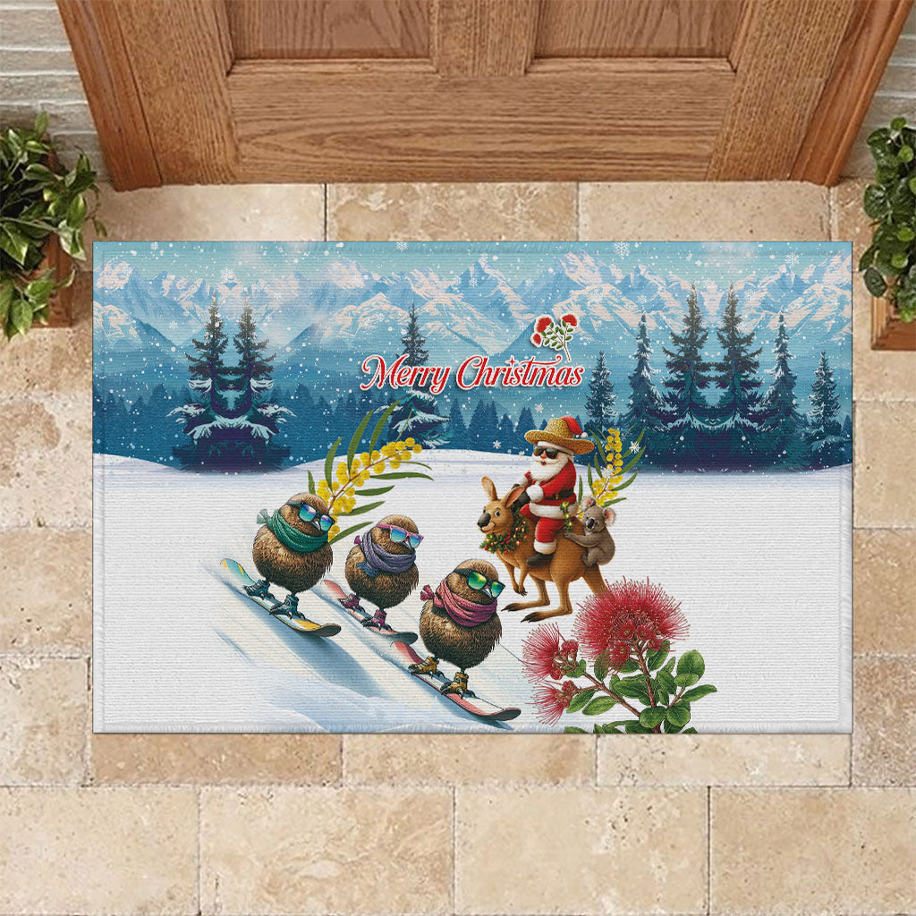 New Zealand and Australia Merry Christmas Rubber Doormat Kiwi Birds Skiing and Koala Santa Riding Kangaroo LT03 Multicolor - Polynesian Pride
