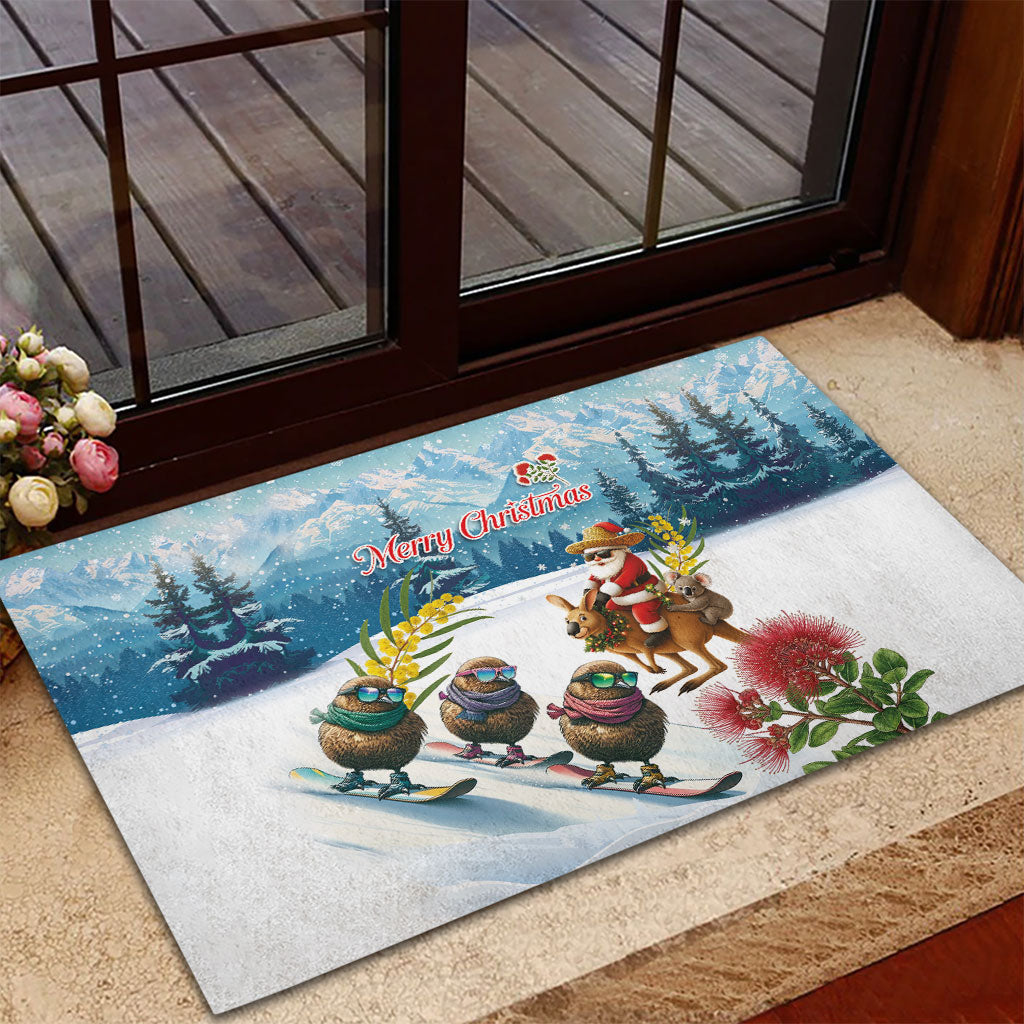 New Zealand and Australia Merry Christmas Rubber Doormat Kiwi Birds Skiing and Koala Santa Riding Kangaroo LT03 - Polynesian Pride