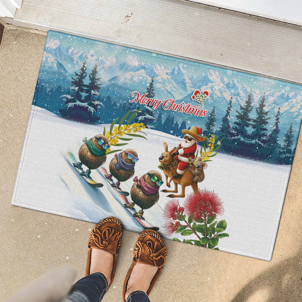 New Zealand and Australia Merry Christmas Rubber Doormat Kiwi Birds Skiing and Koala Santa Riding Kangaroo LT03 - Polynesian Pride