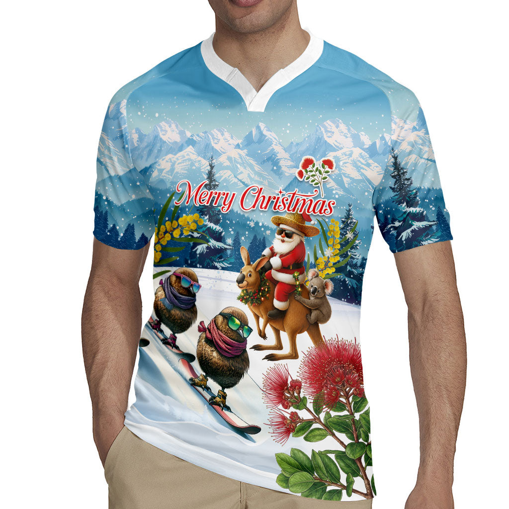 New Zealand and Australia Merry Christmas Rugby Jersey Kiwi Birds Skiing and Koala Santa Riding Kangaroo LT03 - Polynesian Pride