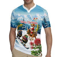 New Zealand and Australia Merry Christmas Rugby Jersey Kiwi Birds Skiing and Koala Santa Riding Kangaroo LT03 - Polynesian Pride