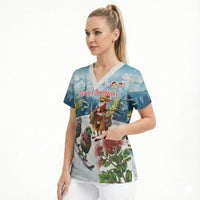 New Zealand and Australia Merry Christmas Scrub Top Kiwi Birds Skiing and Koala Santa Riding Kangaroo LT03 - Polynesian Pride