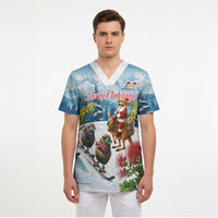 New Zealand and Australia Merry Christmas Scrub Top Kiwi Birds Skiing and Koala Santa Riding Kangaroo LT03 - Polynesian Pride