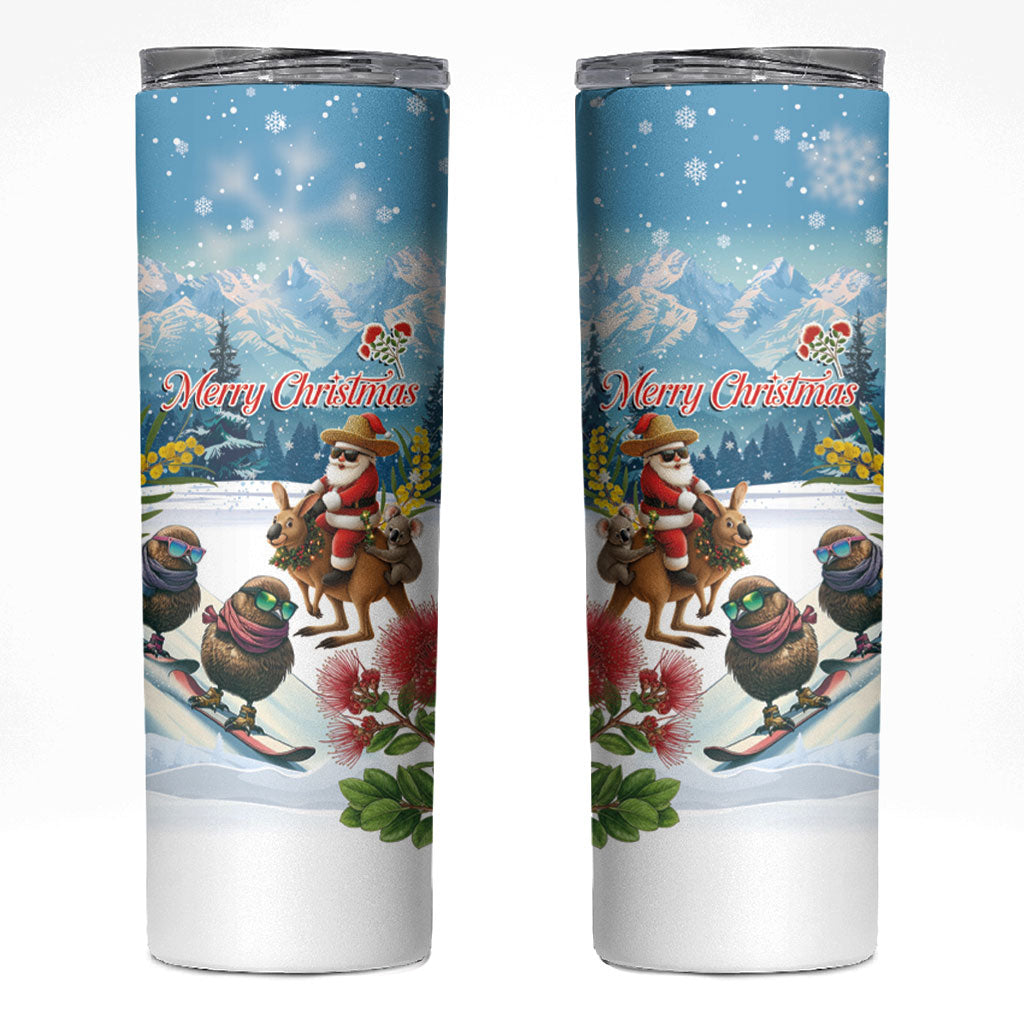 New Zealand and Australia Merry Christmas Skinny Tumbler Kiwi Birds Skiing and Koala Santa Riding Kangaroo