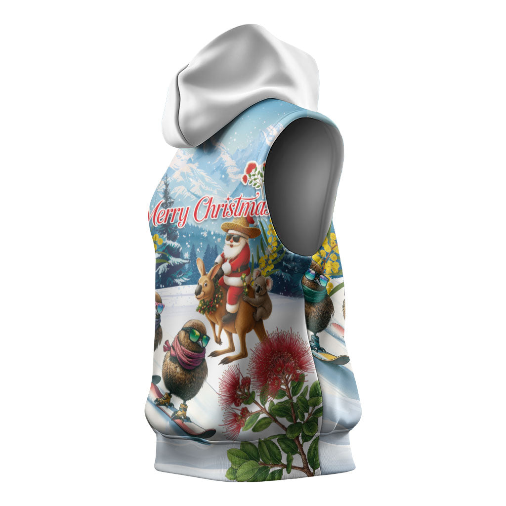 New Zealand and Australia Merry Christmas Sleeveless Hoodie Kiwi Birds Skiing and Koala Santa Riding Kangaroo LT03 - Polynesian Pride