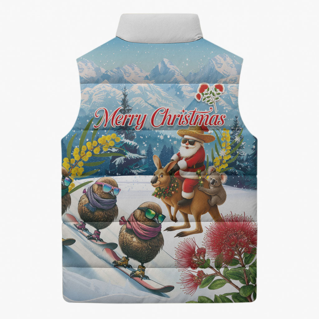 New Zealand and Australia Merry Christmas Sleeveless Puffer Jacket Kiwi Birds Skiing and Koala Santa Riding Kangaroo LT03 - Polynesian Pride