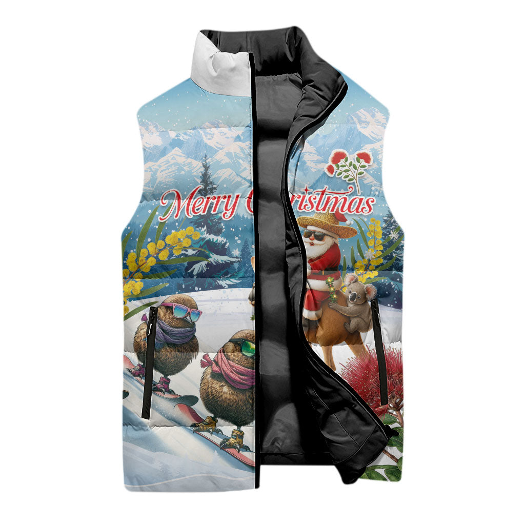 New Zealand and Australia Merry Christmas Sleeveless Puffer Jacket Kiwi Birds Skiing and Koala Santa Riding Kangaroo LT03 - Polynesian Pride
