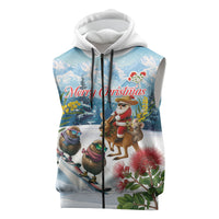 New Zealand and Australia Merry Christmas Sleeveless Zip Hoodie Kiwi Birds Skiing and Koala Santa Riding Kangaroo LT03 Multicolor - Polynesian Pride
