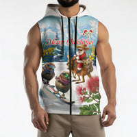 New Zealand and Australia Merry Christmas Sleeveless Zip Hoodie Kiwi Birds Skiing and Koala Santa Riding Kangaroo LT03 - Polynesian Pride
