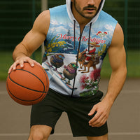 New Zealand and Australia Merry Christmas Sleeveless Zip Hoodie Kiwi Birds Skiing and Koala Santa Riding Kangaroo LT03 - Polynesian Pride