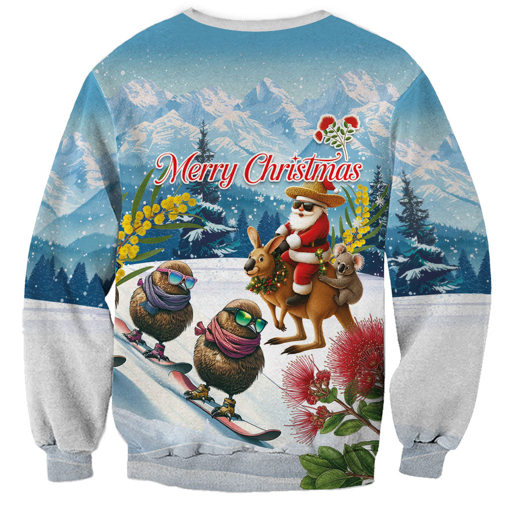 New Zealand and Australia Merry Christmas Sweatshirt Kiwi Birds Skiing and Koala Santa Riding Kangaroo LT03 - Polynesian Pride