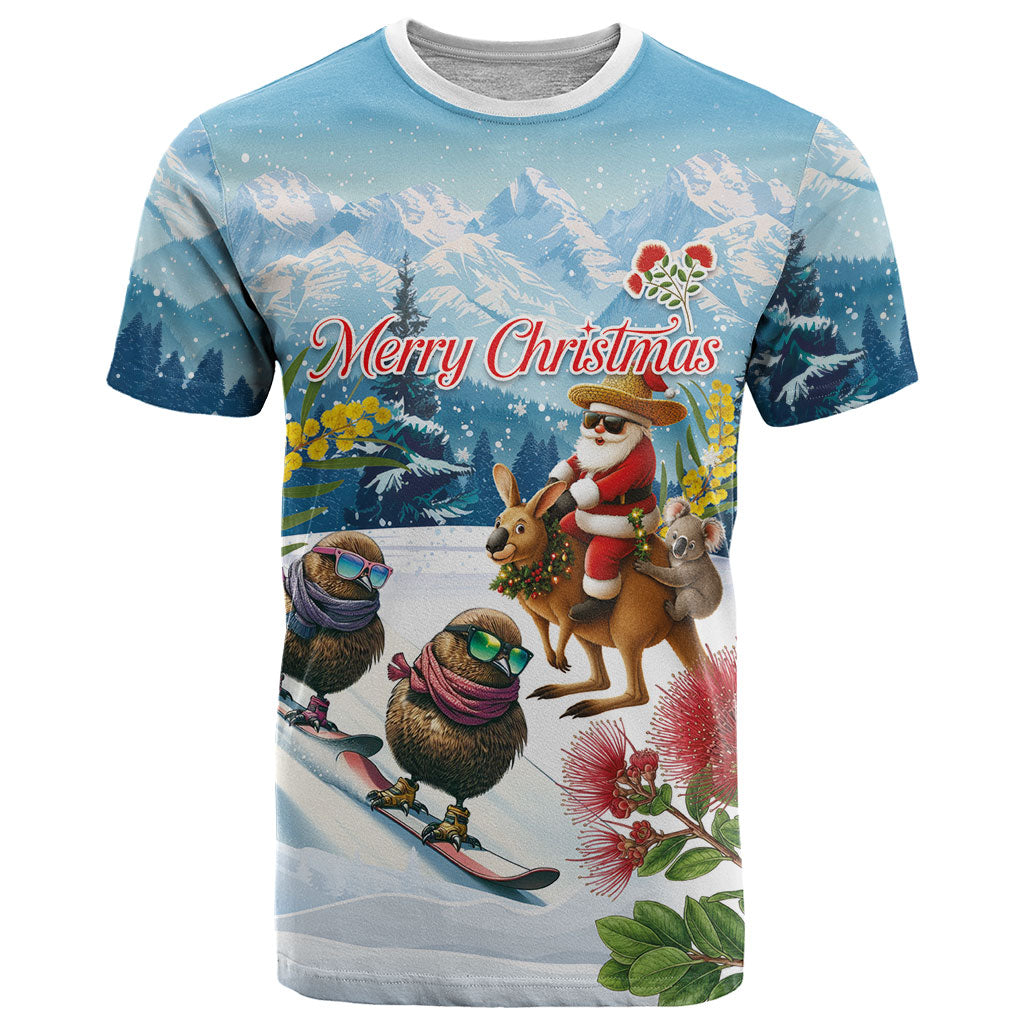 New Zealand and Australia Merry Christmas T Shirt Kiwi Birds Skiing and Koala Santa Riding Kangaroo LT03 Multicolor - Polynesian Pride