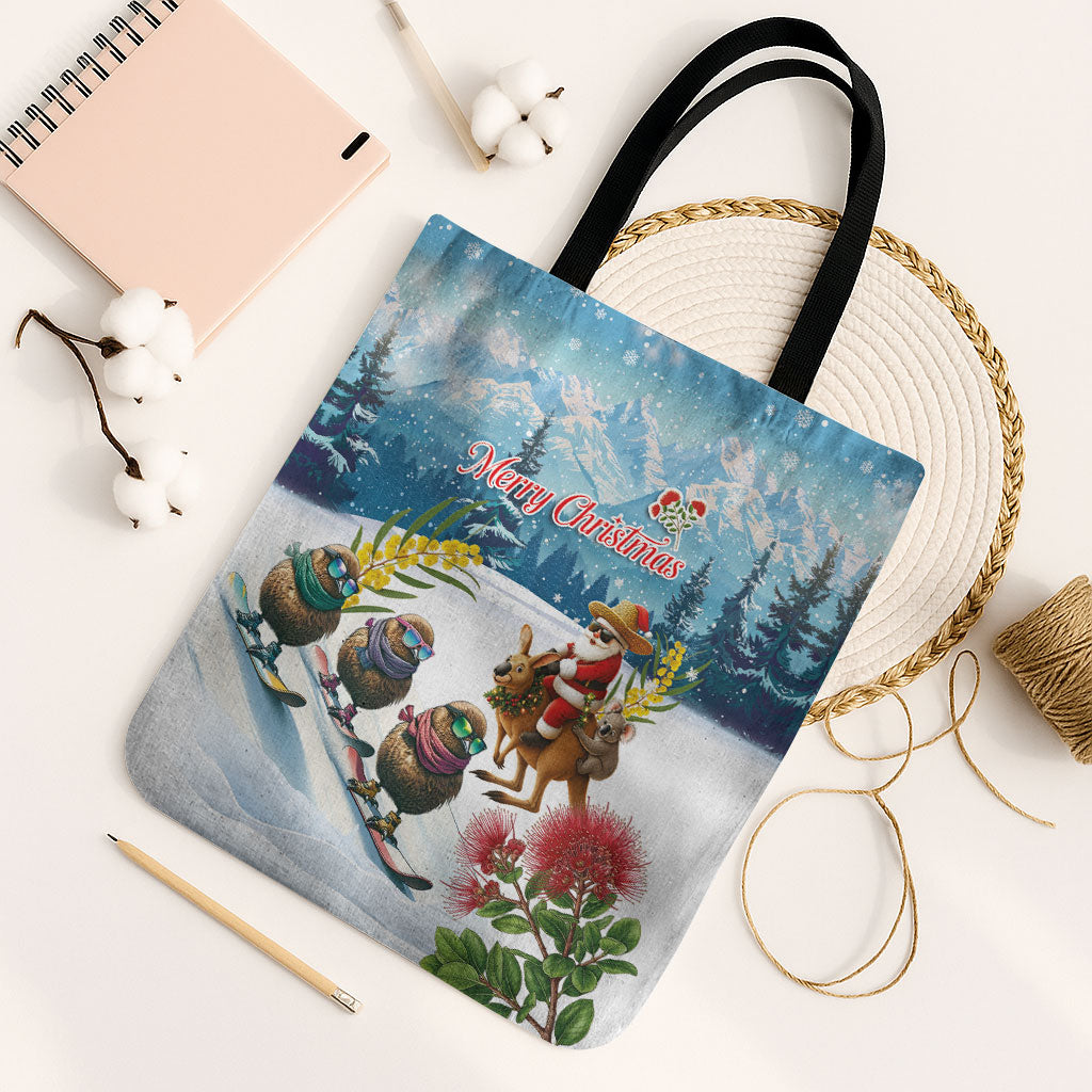 New Zealand and Australia Merry Christmas Tote Bag Kiwi Birds Skiing and Koala Santa Riding Kangaroo LT03 Black Strap One Size Multicolor - Polynesian Pride