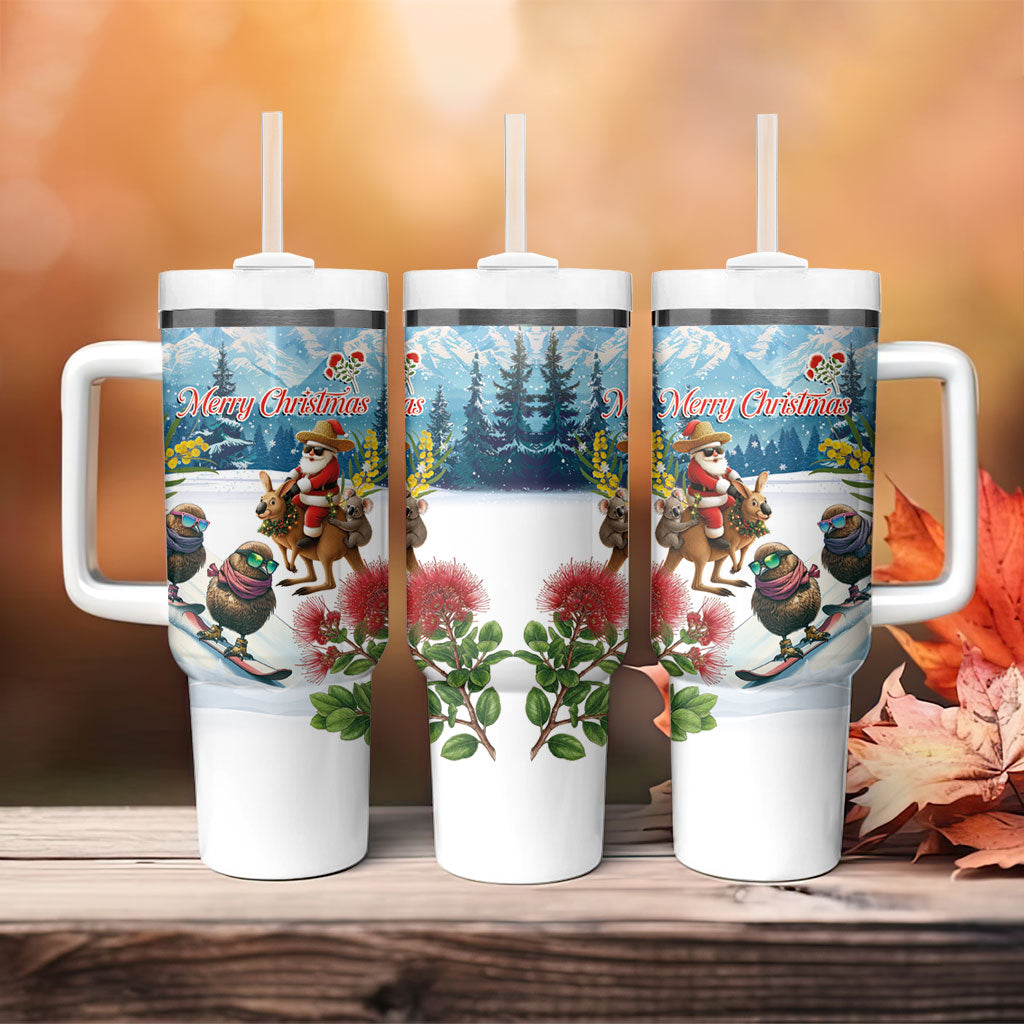 New Zealand and Australia Merry Christmas Tumbler With Handle Kiwi Birds Skiing and Koala Santa Riding Kangaroo LT03 - Polynesian Pride