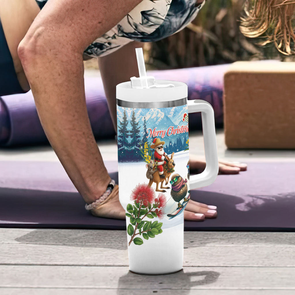 New Zealand and Australia Merry Christmas Tumbler With Handle Kiwi Birds Skiing and Koala Santa Riding Kangaroo LT03 - Polynesian Pride