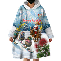 New Zealand and Australia Merry Christmas Wearable Blanket Hoodie Kiwi Birds Skiing and Koala Santa Riding Kangaroo LT03 - Polynesian Pride