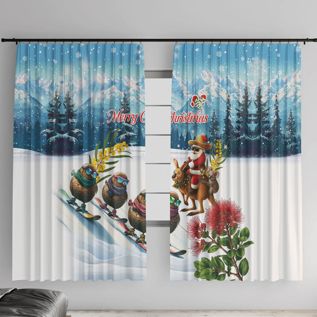 New Zealand and Australia Merry Christmas Window Curtain Kiwi Birds Skiing and Koala Santa Riding Kangaroo