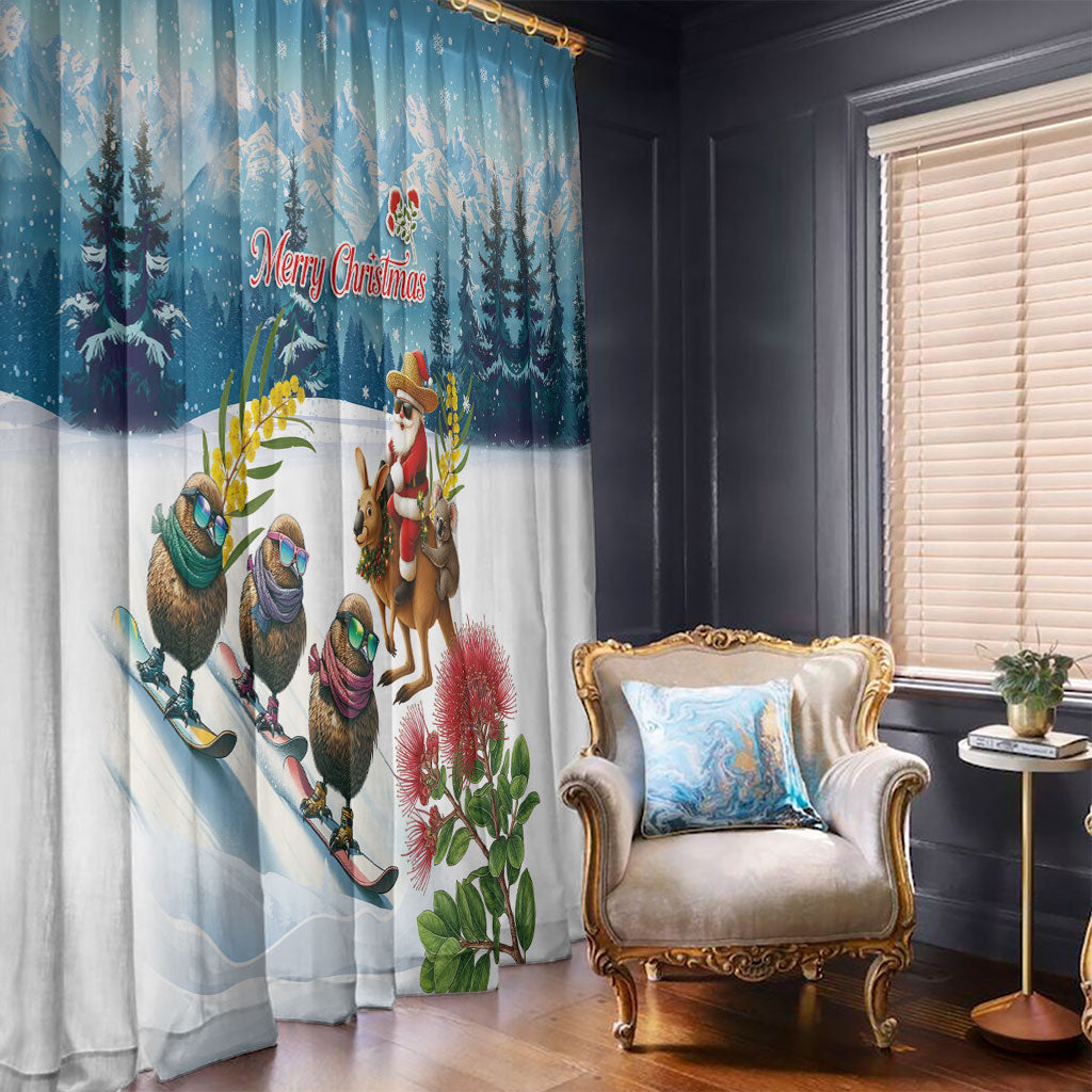 New Zealand and Australia Merry Christmas Window Curtain Kiwi Birds Skiing and Koala Santa Riding Kangaroo LT03 - Polynesian Pride