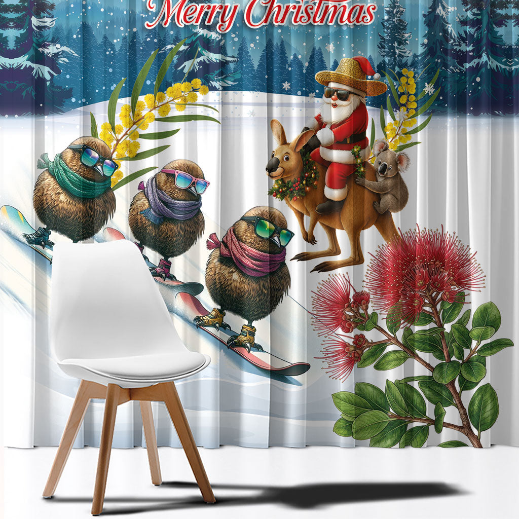 New Zealand and Australia Merry Christmas Window Curtain Kiwi Birds Skiing and Koala Santa Riding Kangaroo LT03 - Polynesian Pride