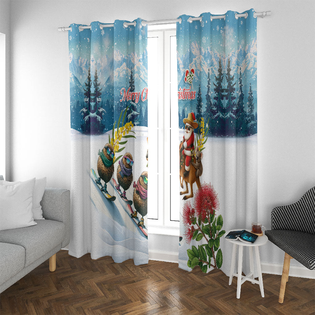 New Zealand and Australia Merry Christmas Window Curtain Kiwi Birds Skiing and Koala Santa Riding Kangaroo LT03 With Grommets Multicolor - Polynesian Pride