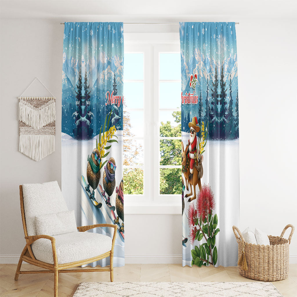New Zealand and Australia Merry Christmas Window Curtain Kiwi Birds Skiing and Koala Santa Riding Kangaroo LT03 - Polynesian Pride