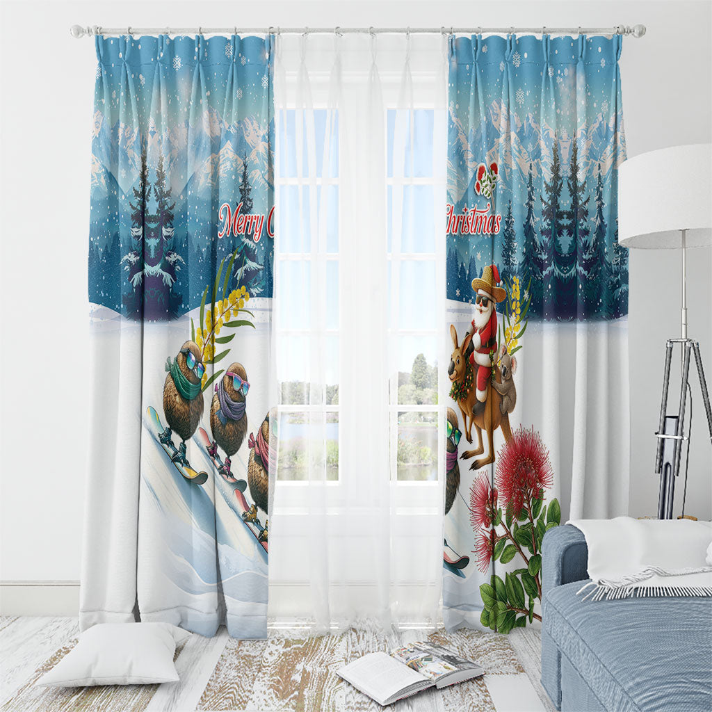 New Zealand and Australia Merry Christmas Window Curtain Kiwi Birds Skiing and Koala Santa Riding Kangaroo LT03 - Polynesian Pride