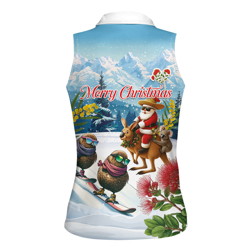 New Zealand and Australia Merry Christmas Women Sleeveless Polo Shirt Kiwi Birds Skiing and Koala Santa Riding Kangaroo LT03 - Polynesian Pride