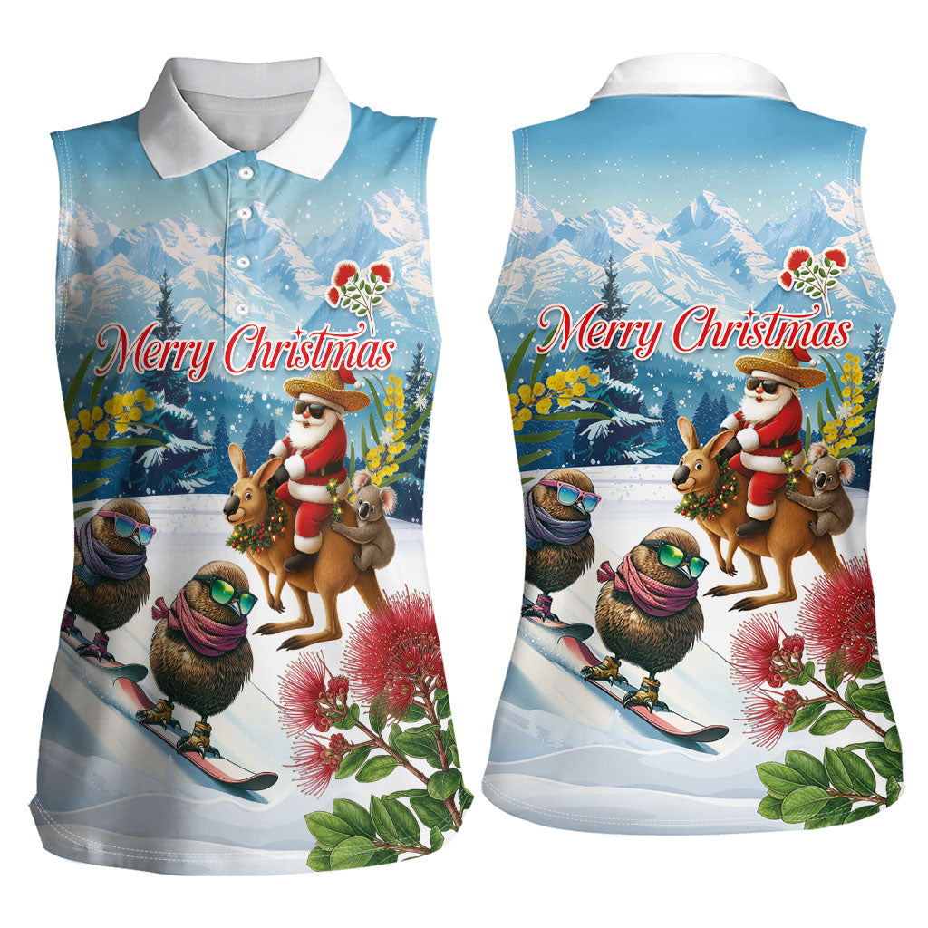 New Zealand and Australia Merry Christmas Women Sleeveless Polo Shirt Kiwi Birds Skiing and Koala Santa Riding Kangaroo LT03 - Polynesian Pride