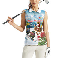 New Zealand and Australia Merry Christmas Women Sleeveless Polo Shirt Kiwi Birds Skiing and Koala Santa Riding Kangaroo LT03 - Polynesian Pride